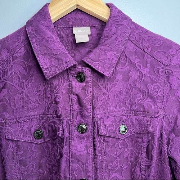 Chico’s Elongated Jacquard Denim Jacket Purple Sz S / Sz 4 / Sz 6 Long Fit - Picture 4 of 13